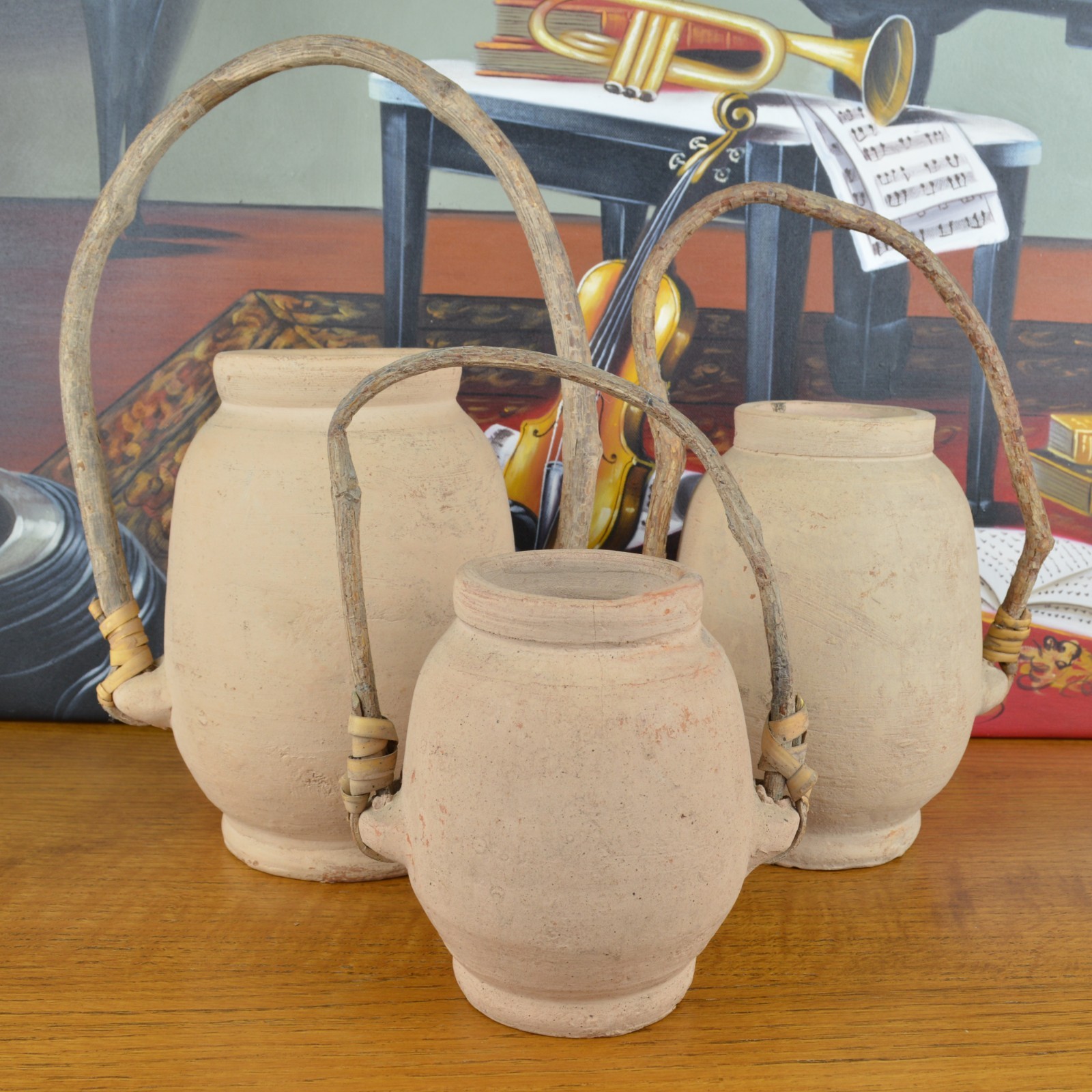 Raw Clay Vase Set of 3 Twisted Branch Handles Rustic Pottery Boho Chalky Decor