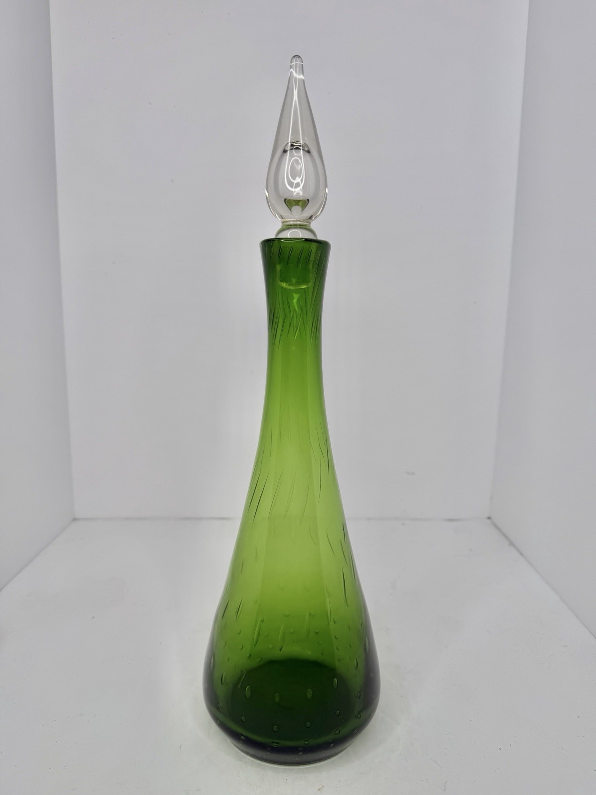 Vintage MCM Bischoff Glass 16” Dark Green Controlled Bubbles Clear Stopper