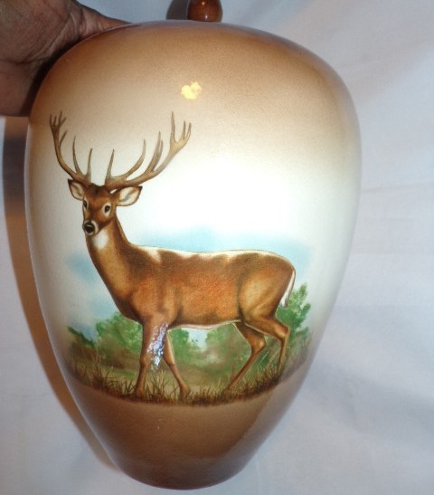 Porcelain Ginger Jar Urn Apothecary Jar Vase & Lid w/ DEER STAG Transfer 11.5″