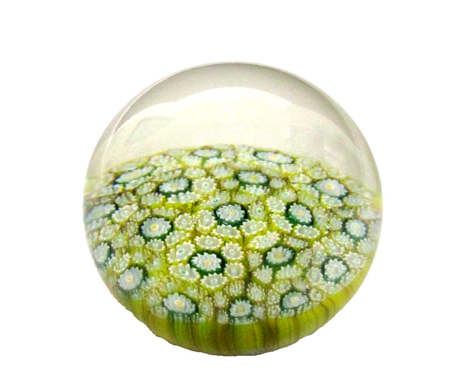 VTG Murano Paperweight Millifiori Italian Art Glass~Yellow/Green/White