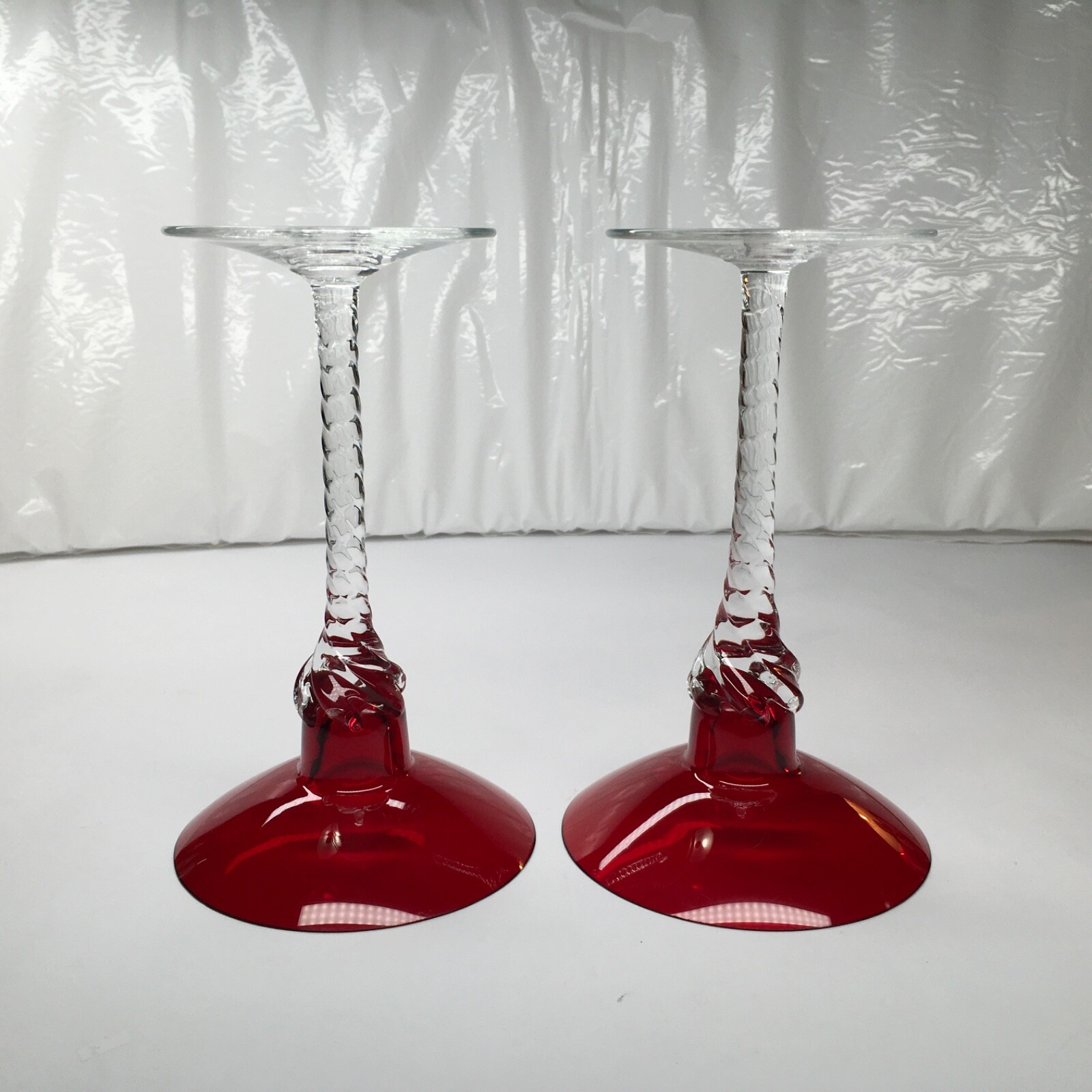 Ruby Red Empoli Type Glass Candlestick Holders 5-7/8″ Tall Nice Vintage Lot Of 2