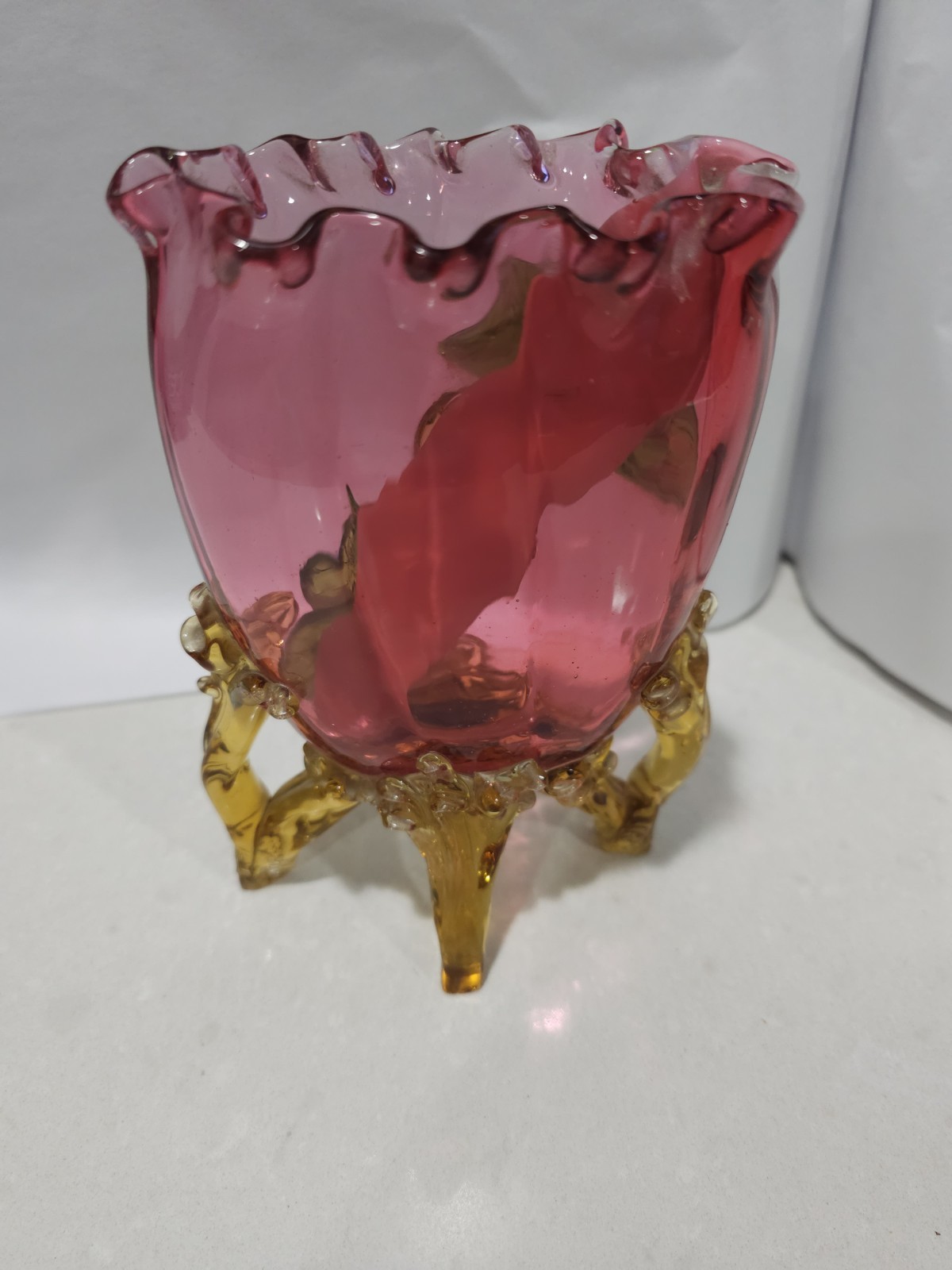 Vintage STEVENS & WILLIAMS Ruffled Cased Art Glass BOWL VASE Amber Applied Feet