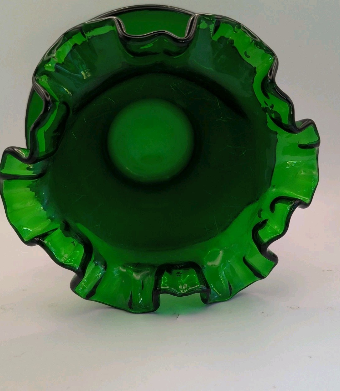 Vintage Fenton Forest Green Glass Ruffled Flower Pot Planter Attached Saucer