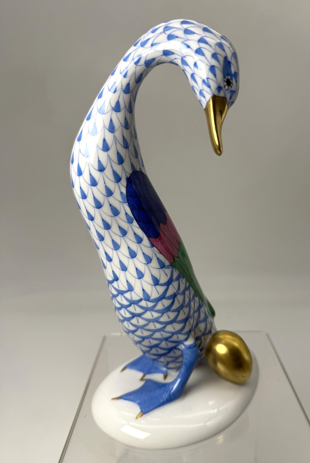 Exquisite Herend Porcelain Goose with Golden Egg In Fishnet Blue Hand Made