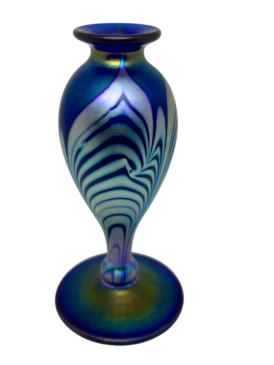 Vintage Stueben Style Pulled Feather Small Vase, Iridescent Art Glass