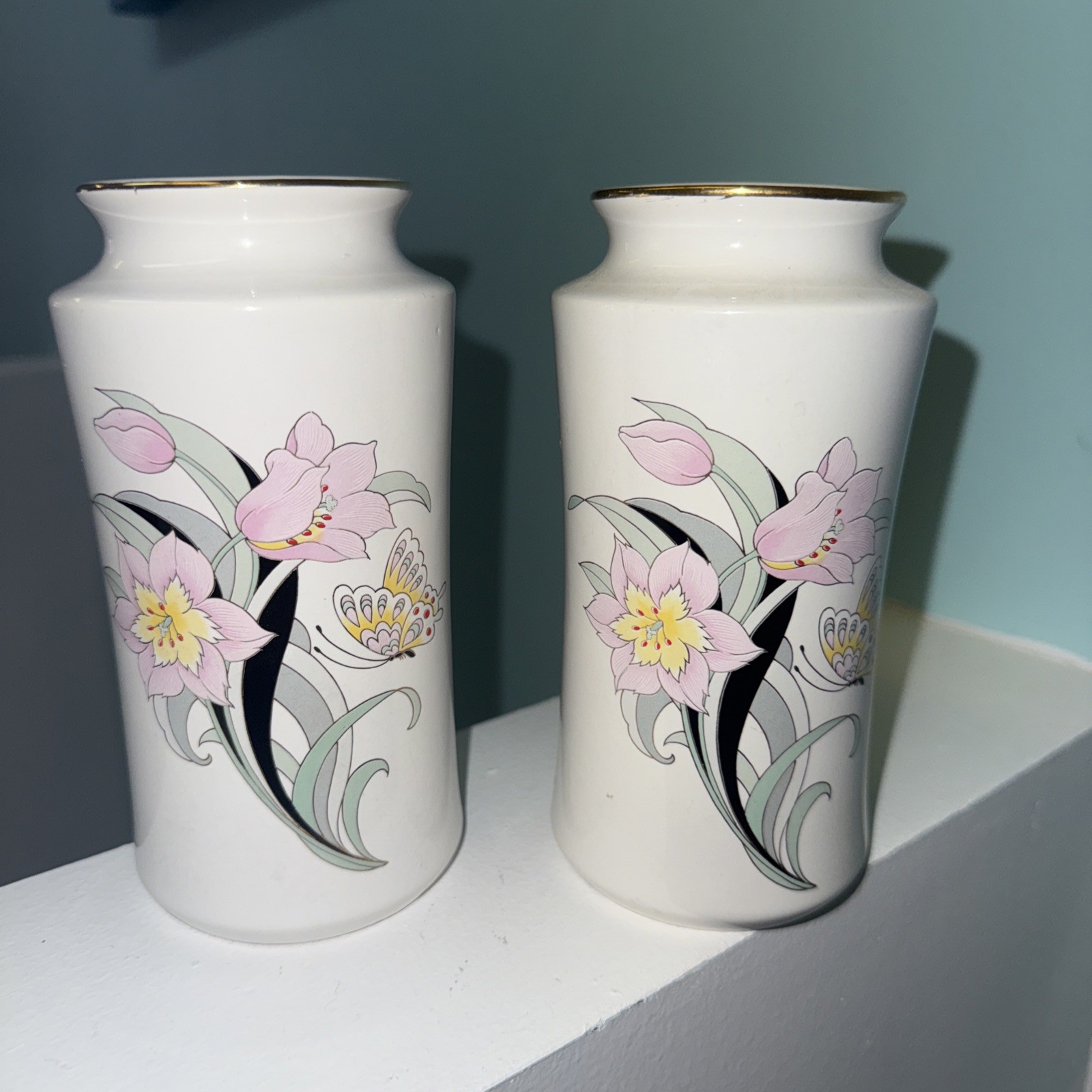 2 Vintage 80s Art Deco Revival White Ceramic Vase Pink Black Asian Butterfly