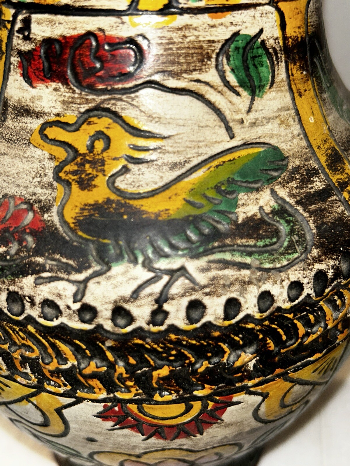 Vintage Made in Japan Bird and Floral Earthenware Vase. Pottery. Engraved Design