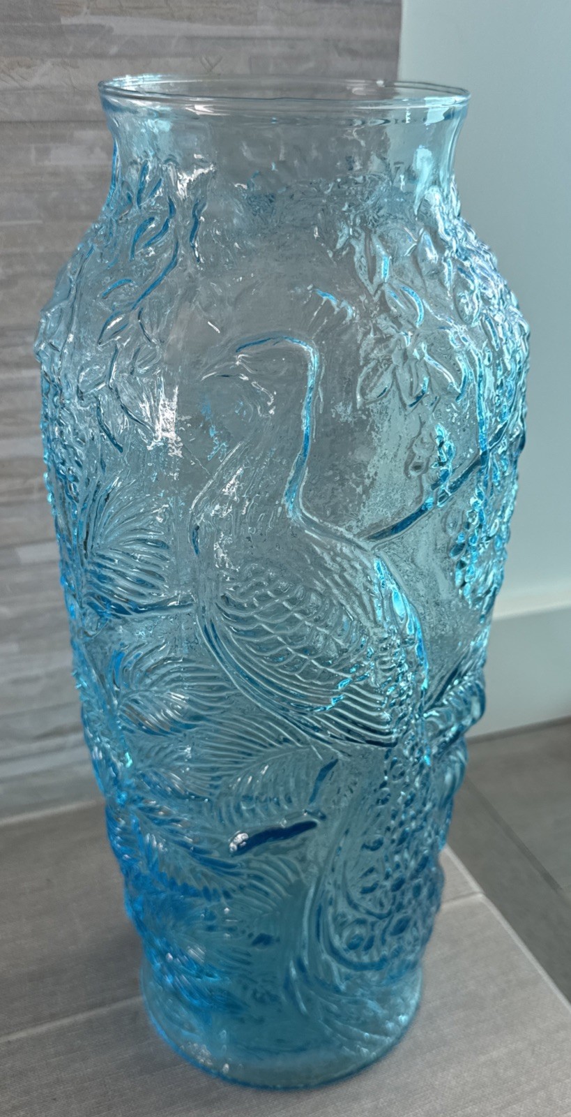 Vintage Large Tiara Indiana Glass Aqua Blue Peacock large Vase 15” tall 1970’s