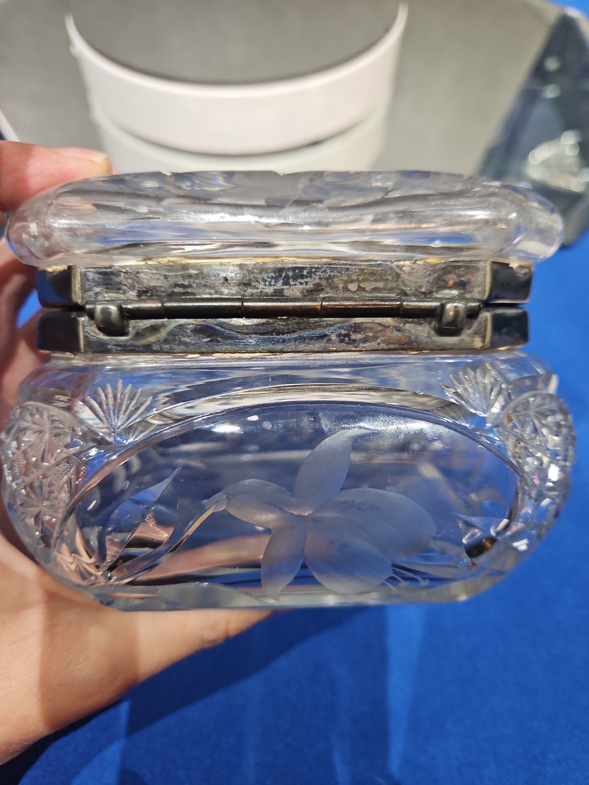 Hinged Handkerchief Box American Brilliant Cut Glass Crystal Sinclaire Fuschia