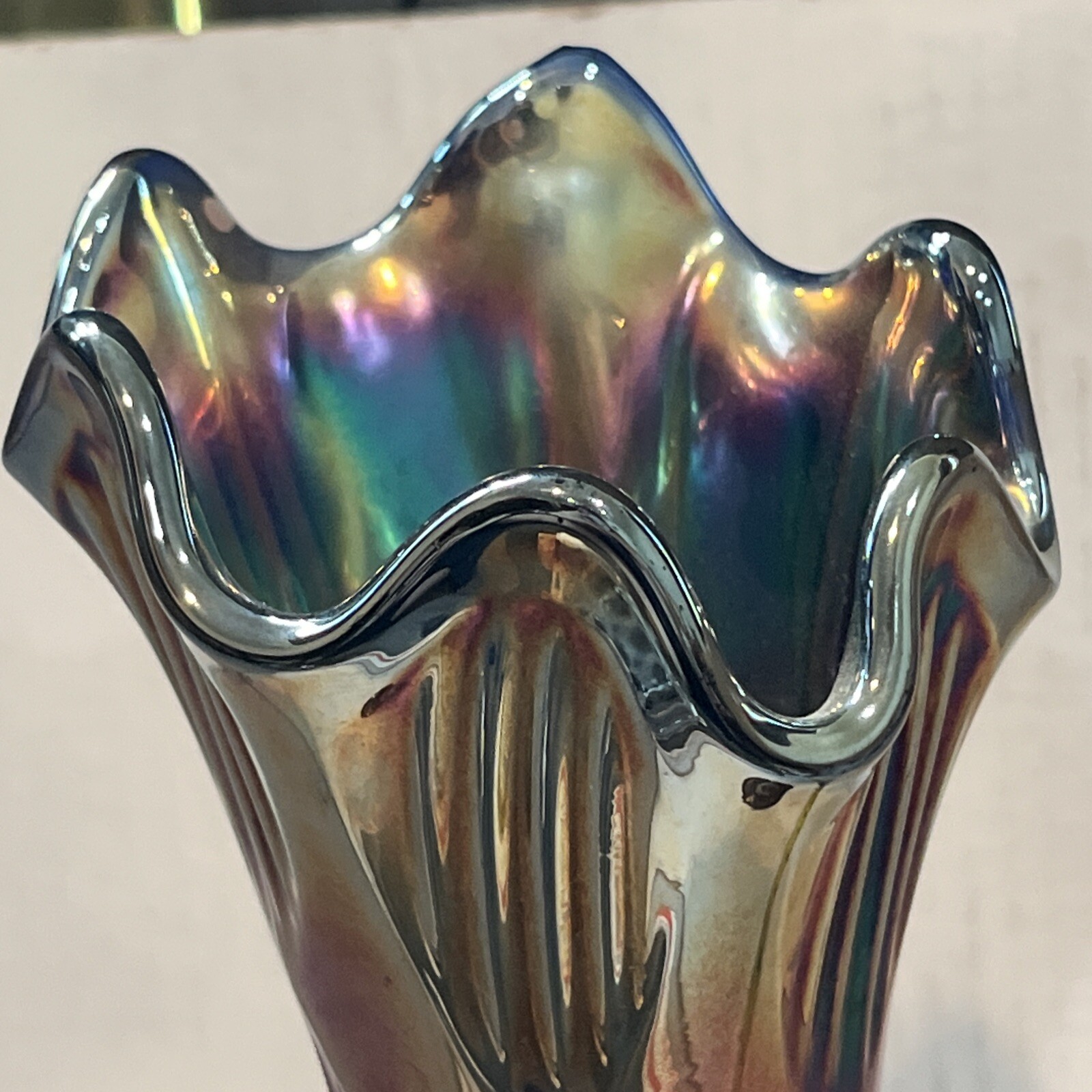 Vintage Fenton Diamond & Rib Cobalt Blue Carnival Glass Swung Vase Apprx 10 3/4”