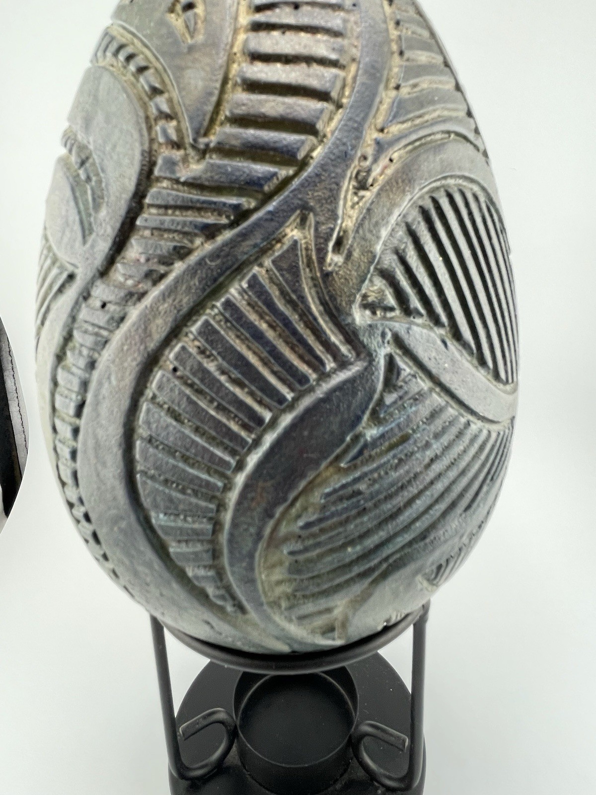 Paul David Thomason Denton TX Studio Pottery Raku Carved Clay Egg Sculpture 1993