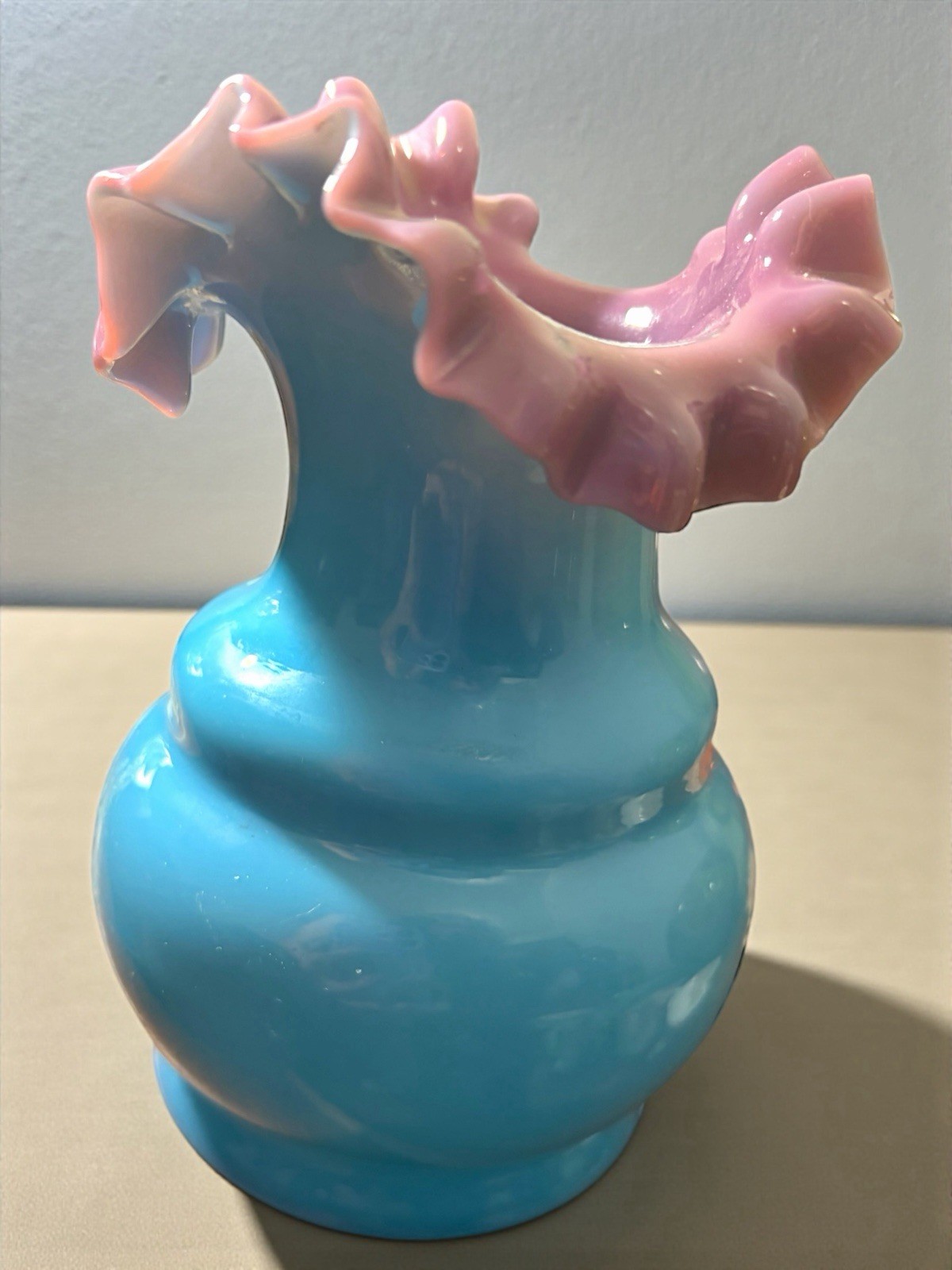 Antique Bohemian Lilac Turquoise Cased Ruffled Blown Glass Vase 5.25 x 3.75” EUC