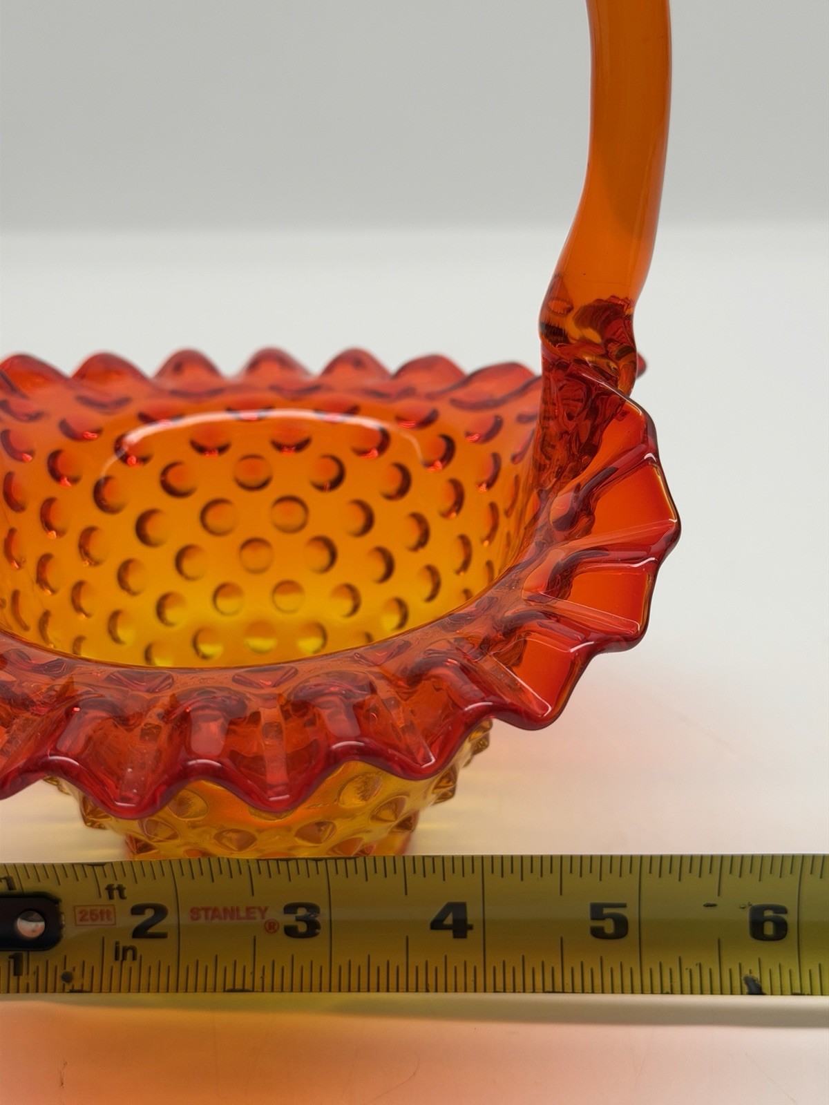 vintage Reddish Orange Amberina HOBNAIL Pattern GLASS BASKET ruffled wavy Fenton