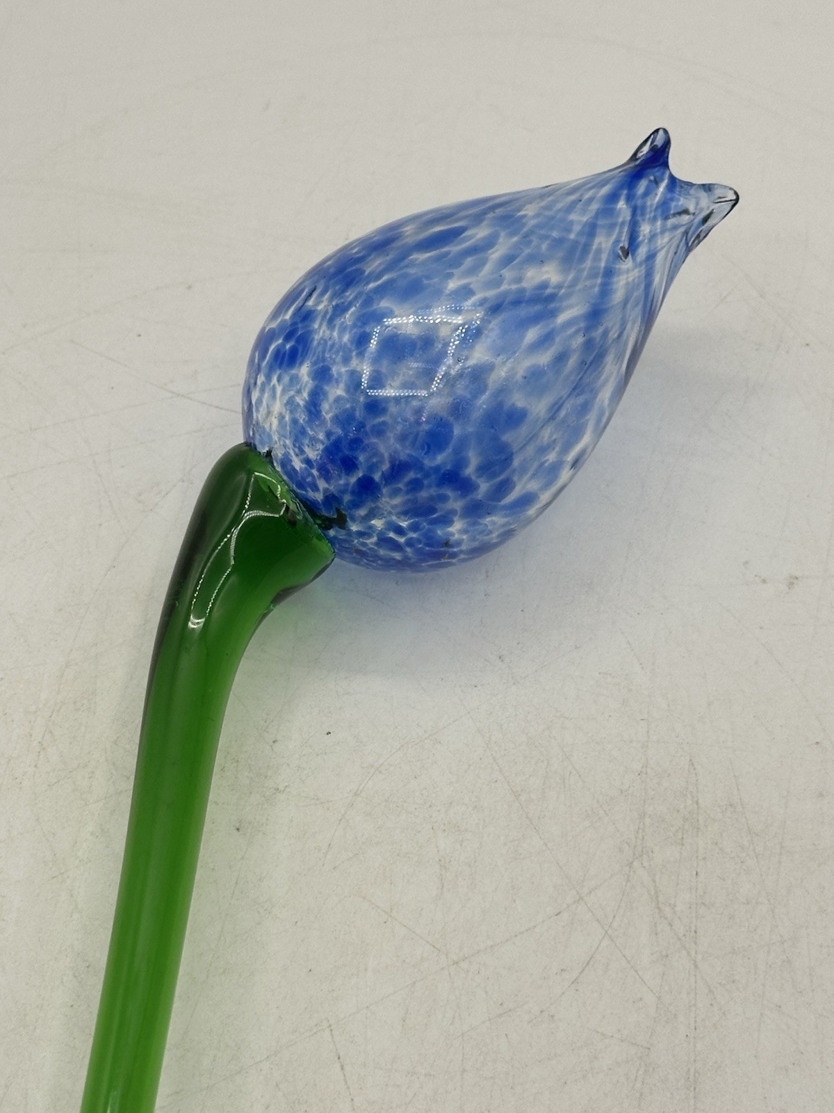 Blown Art Glass Swirling Speckle Blue Flower With Green Stem 20” OA