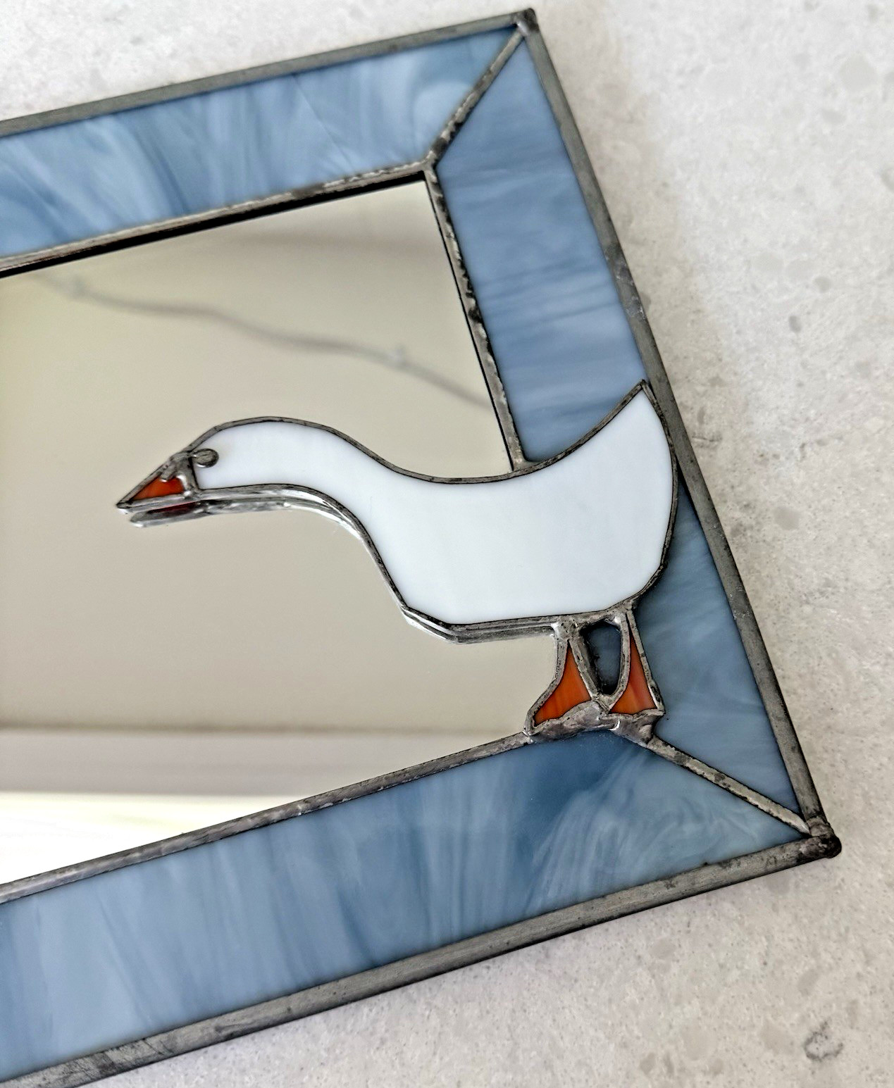 Stained Glass Mirror Country Blue Frame with Goose Sun Catcher Wall Hanging