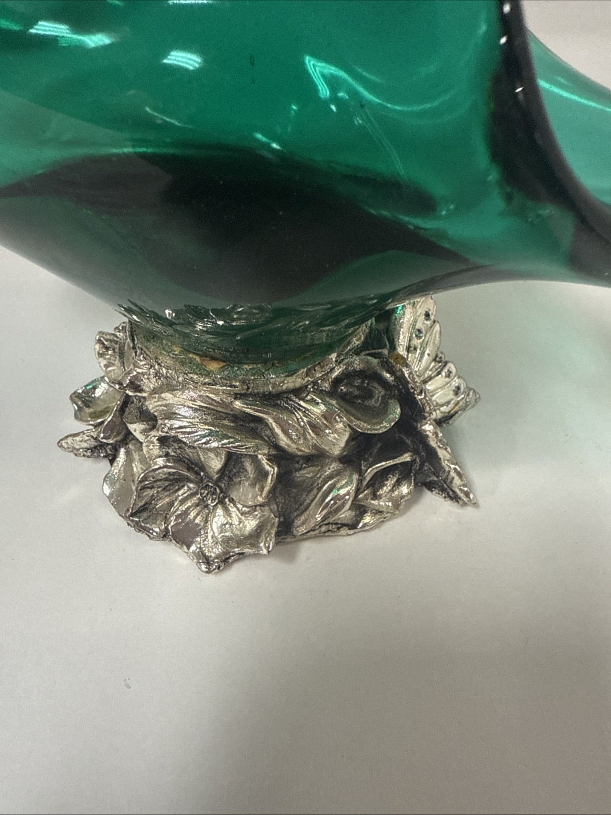Vintage Murano Style Teal Art Glass Basket Silver Pedastal Base @ 7” Tall