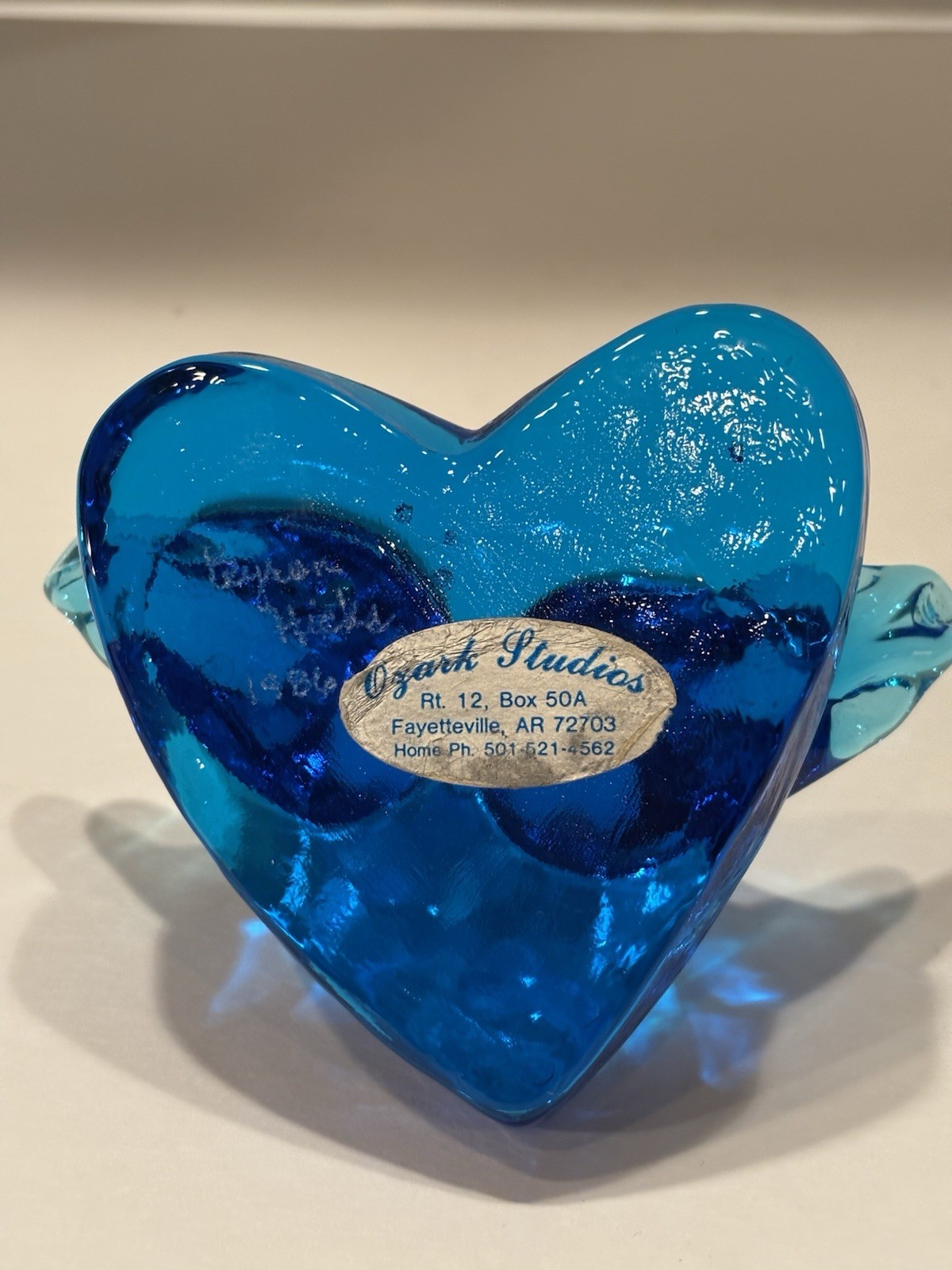 Vtg Cobalt Glass Blue Birds Of Happiness On Heart Byron Hicks 1986 Ozark Stu (M)