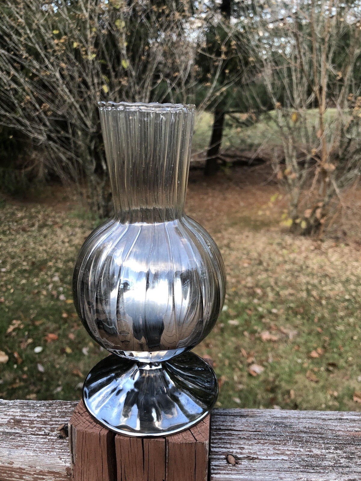 Smoke Gray Mirrored Vase Footed Ribbed Glass Vase Vintage Prefect !