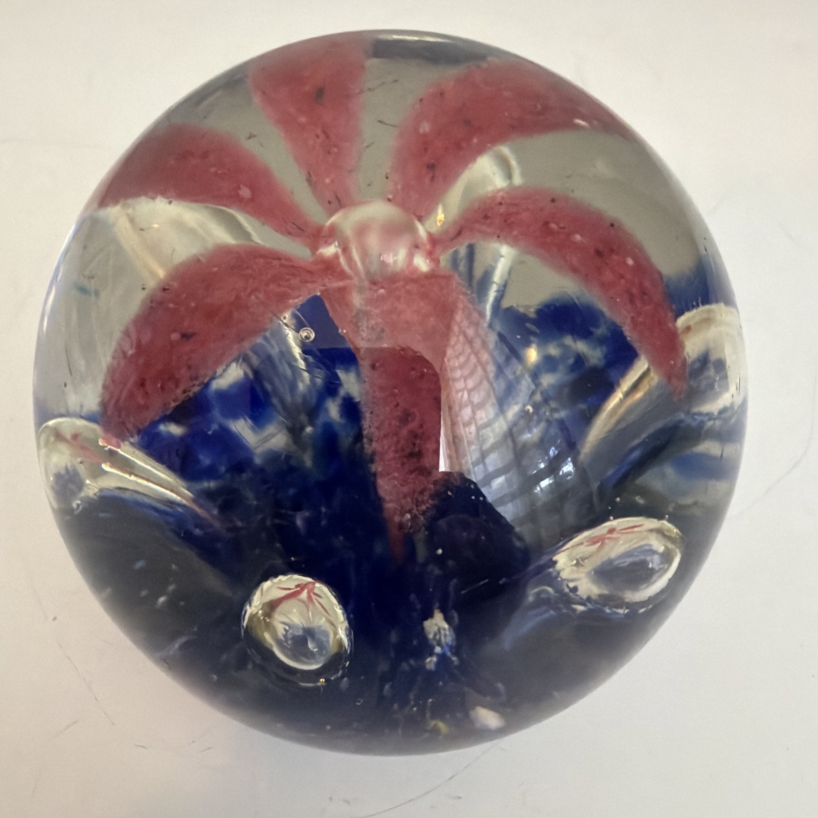 90’s Bart Zimmerman Round Art Glass Green/Blue Flower Controlled Bubbles PW