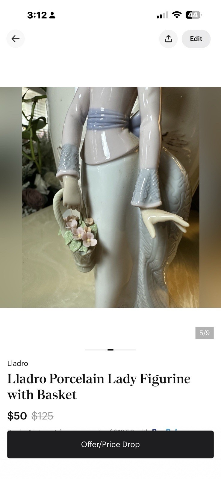 Lladró Porcelain Lady Figurine w/ Flower Basket Floral Glossy MPN 1622