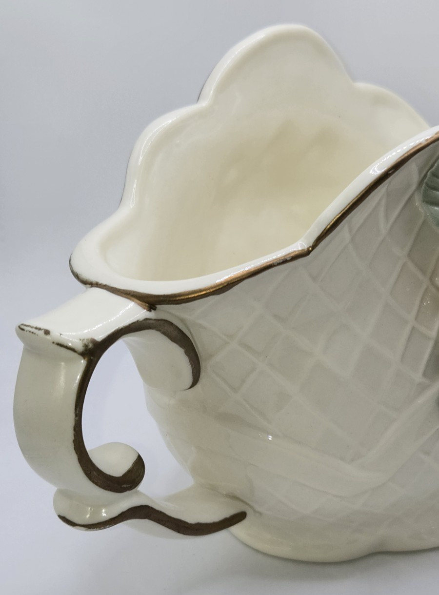 Ceramic Basket Vase Planter Raised Roses Scalloped Rim Diamond Design w/ Handles