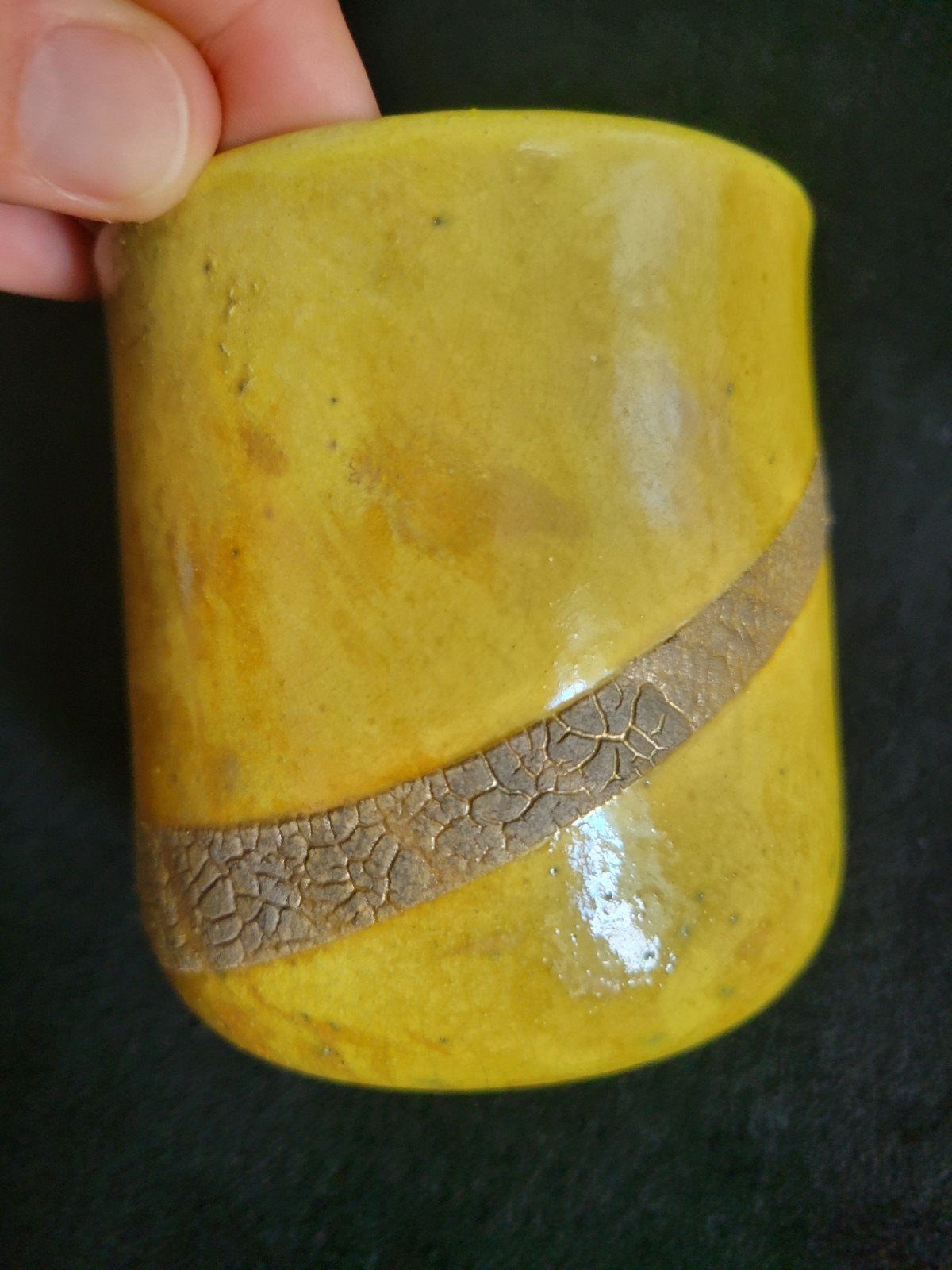 Yellow Raku Pottery Tumbler Cup Vase Signed John Charnetski Fine Art Studios