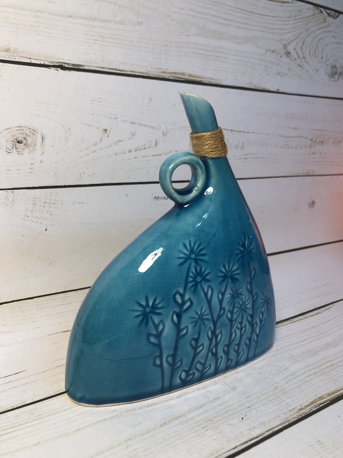 Ceramic Pottery Vase Blue With Wild Flowers Unique Spout Design Made In Turkey