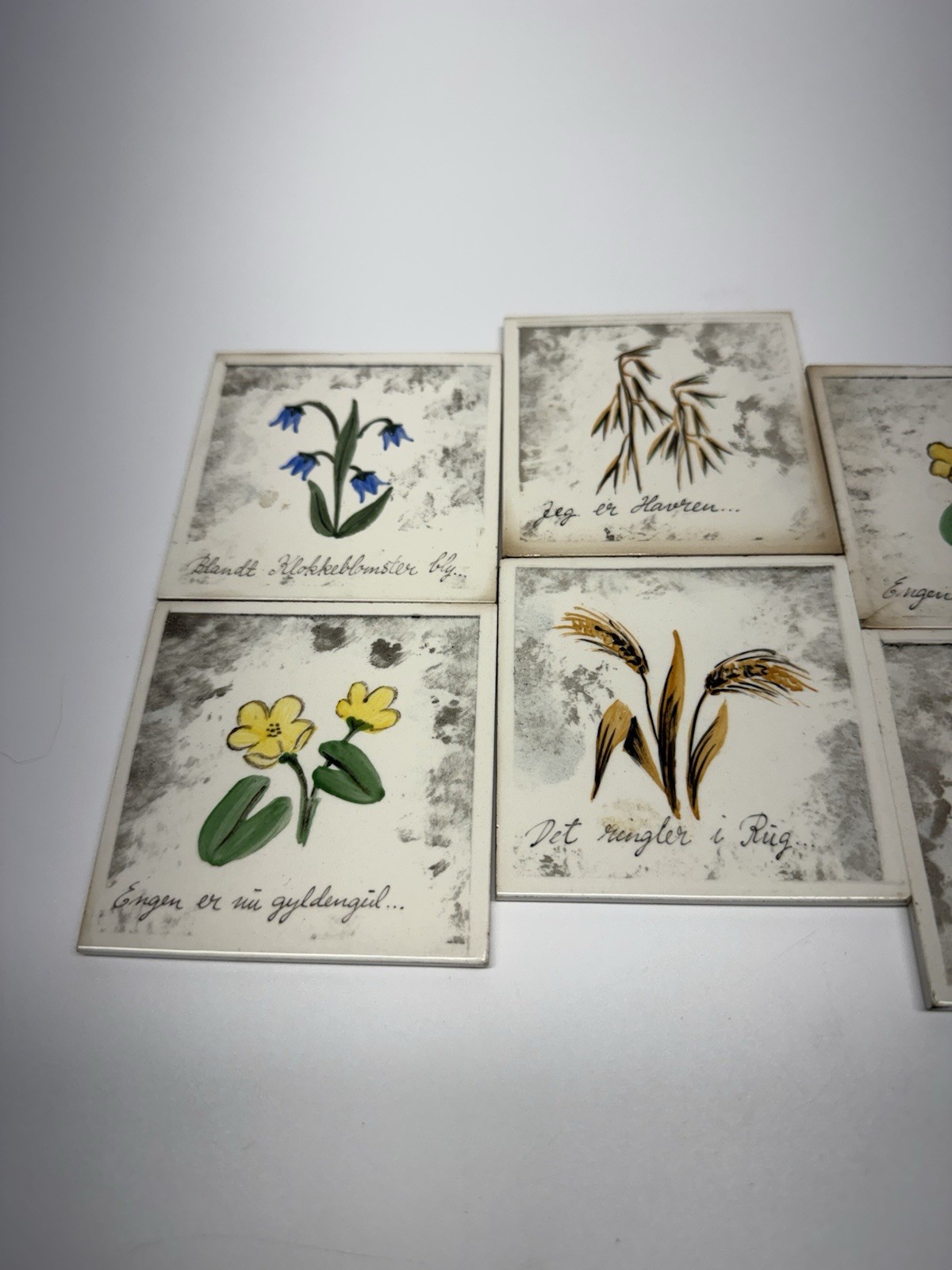 Mid Century Porcelain Tile 8 Coaster Set Christian Denmark Hand Painted Florals