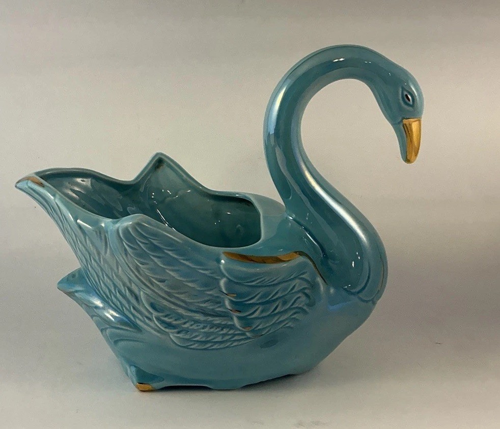 VTG Swan Planter Centerpiece Teal Blue Lusterware Gold Gilt Standford Ware USA
