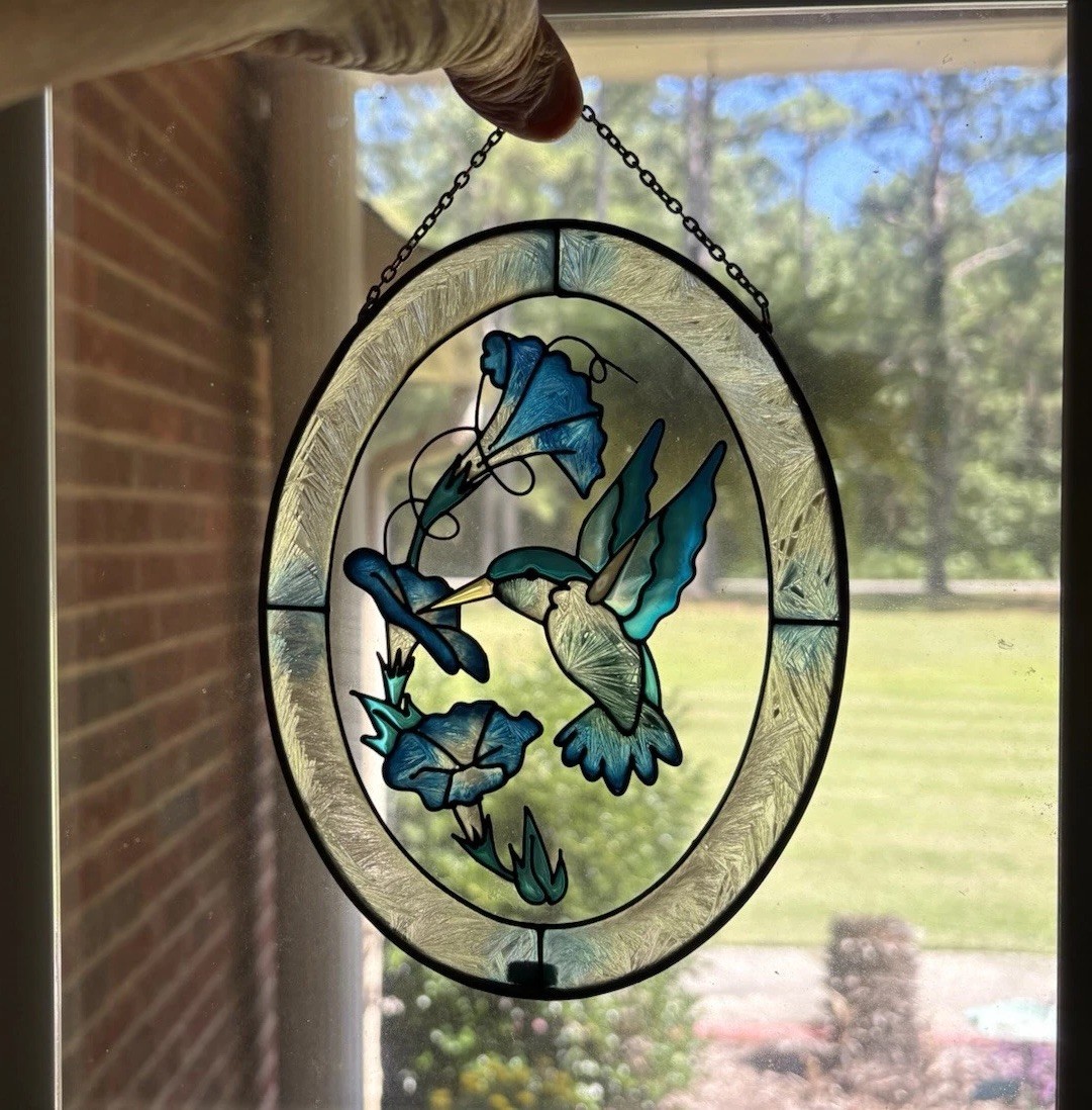 JBD Stained Glass Hummingbird & Flowers Suncatcher, Ready to Hang, 1982
