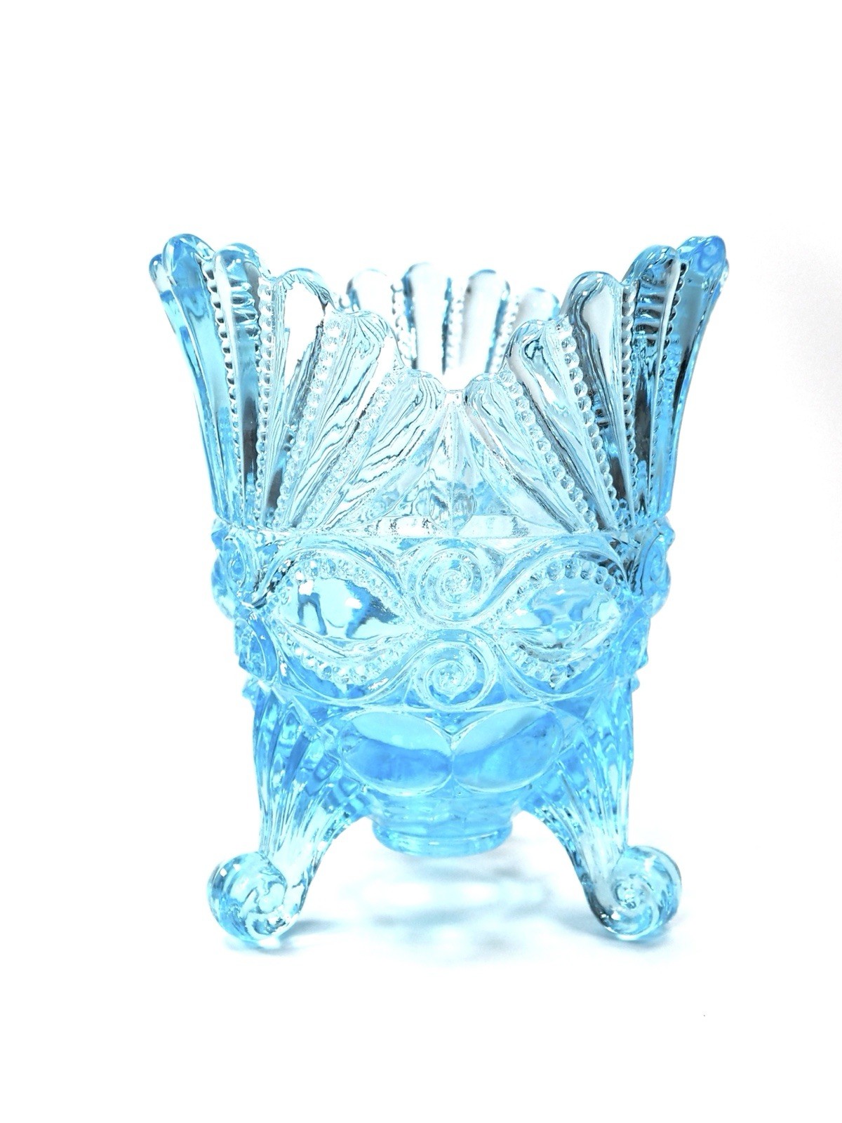 Vintage Mid Century Blue Eye Winker Pressed Glass Decorative Spooner Vase