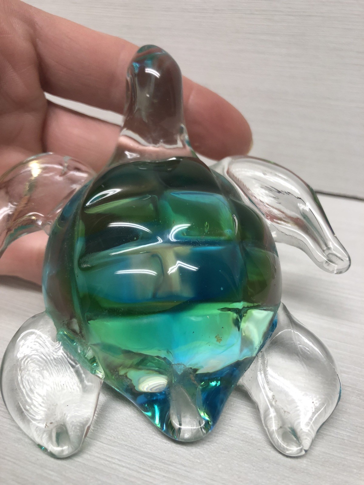Handcrafted Blown Glass Sea Turtle Figurine Vibrant Blue Green Shell 4”