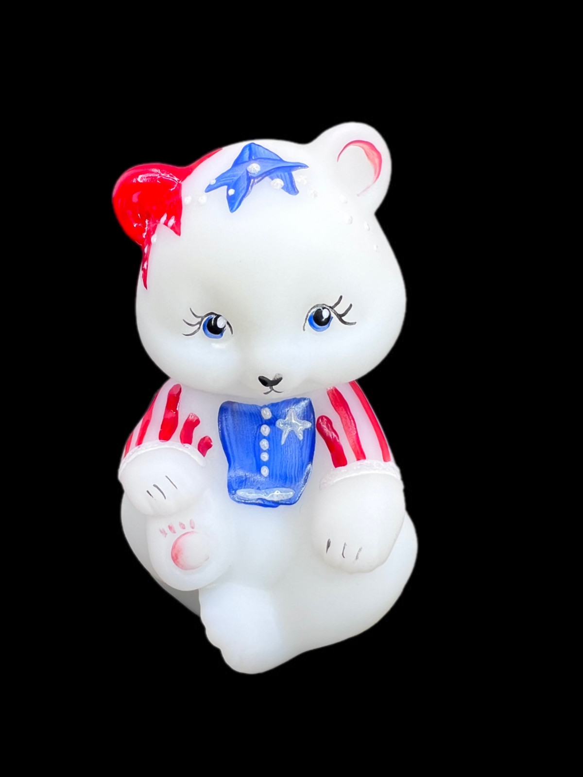 Fenton 2001 Sitting Bear Patriotic Stars and Stripes White Satin Glass Signed