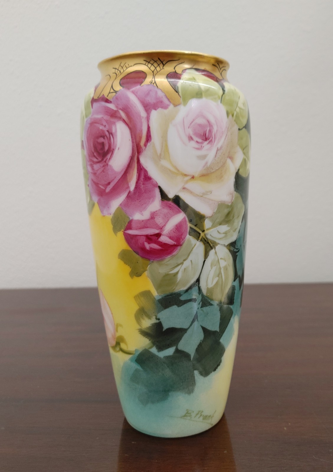 Pickard H.P. Pink and White Roses Vase- artist signed “B. Frank”