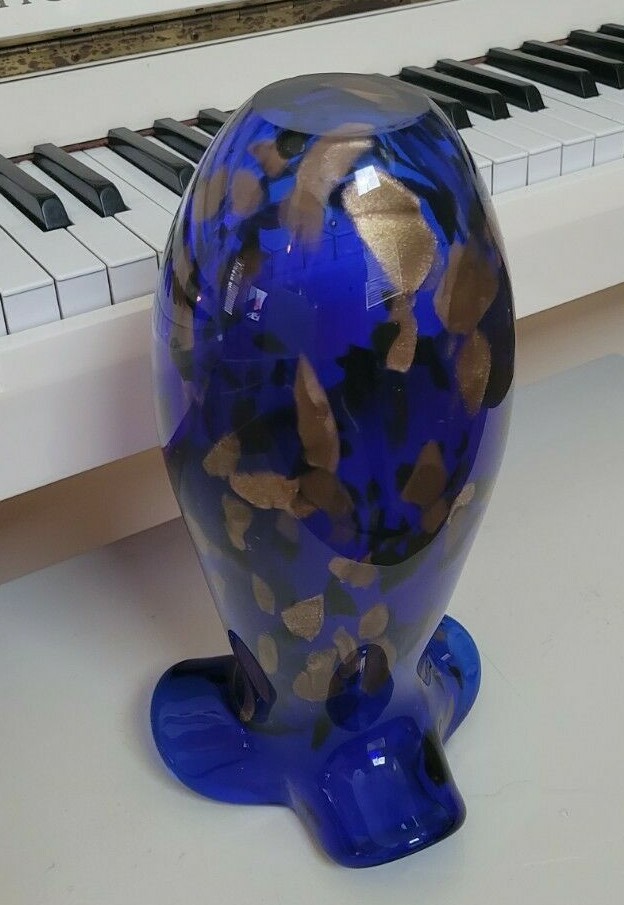HANDBLOWN COBALT BLUE MURANO VASE WITH COPPER SPECS 12.5 INCHES TALL