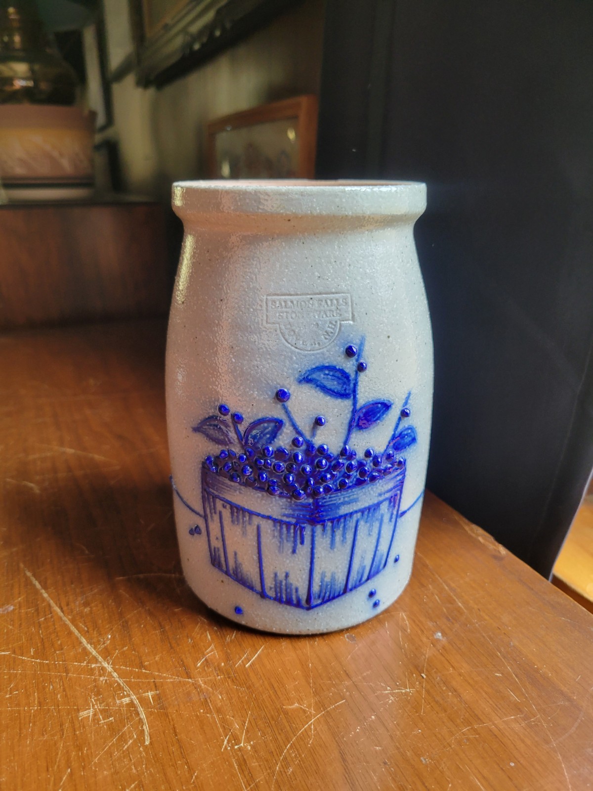 Salmon Falls Pottery Blueberry Vine Salt Glaze Spoon Jar Crock Vase