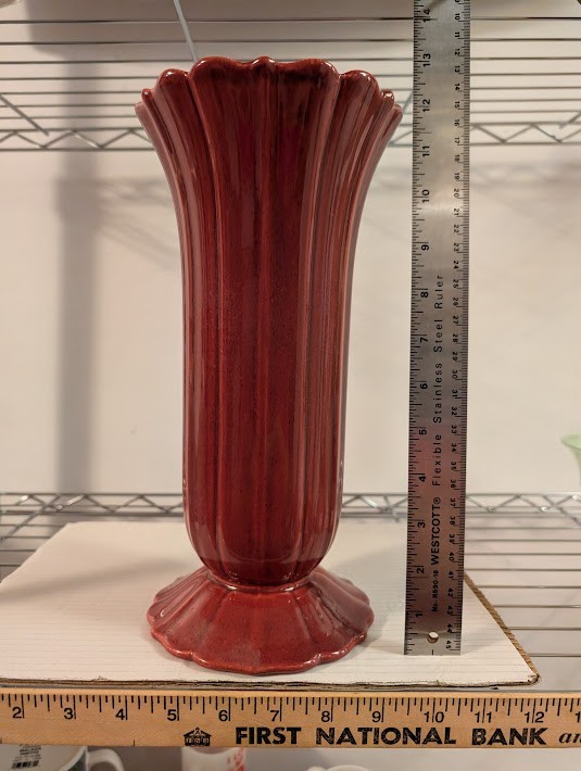 Vintage Pottery 12 inch Vase Deep Maroon Scalloped