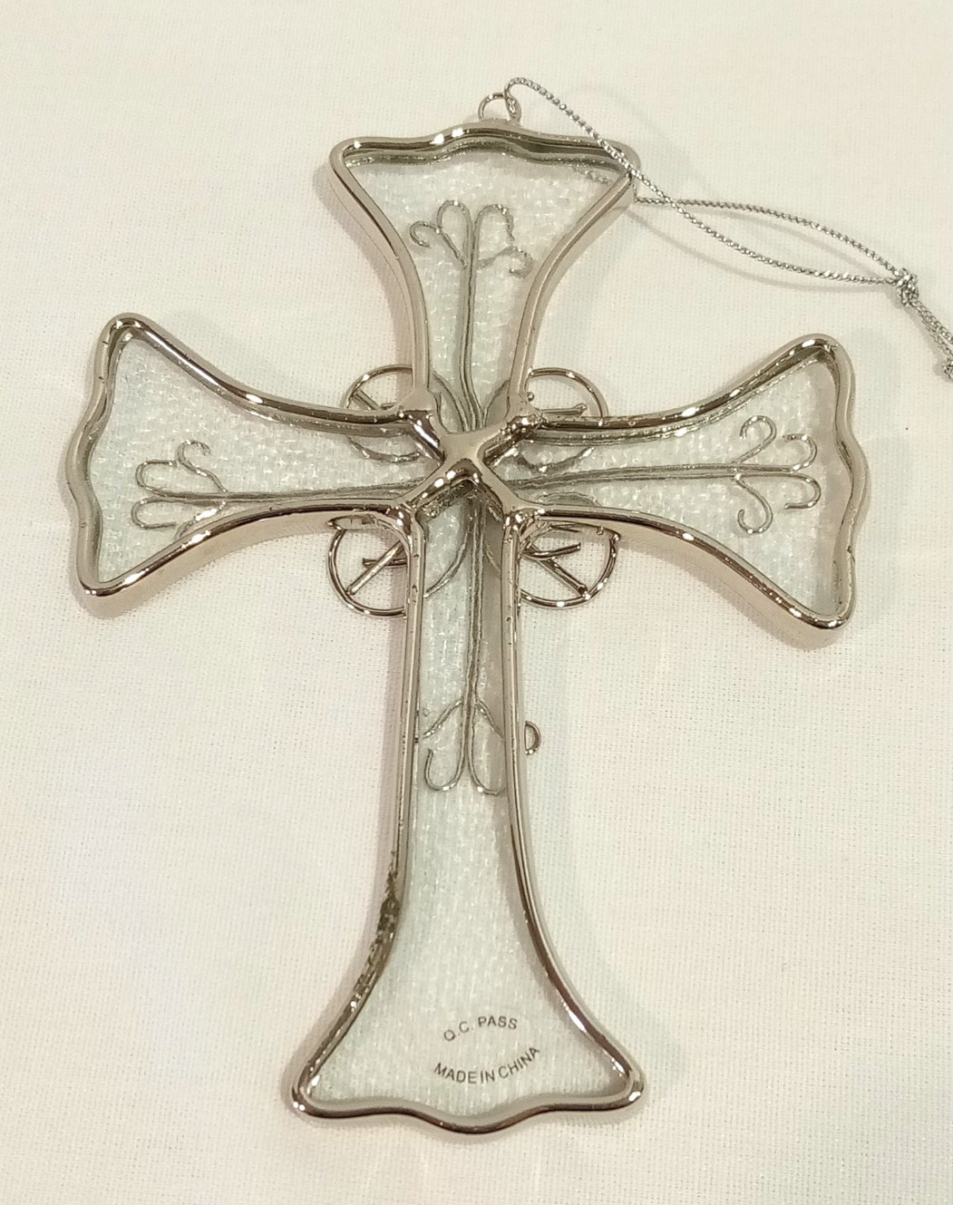 Clear Textured Glass Cross Window Suncatcher Silver Tone Trim Wire Filigree 4.5″