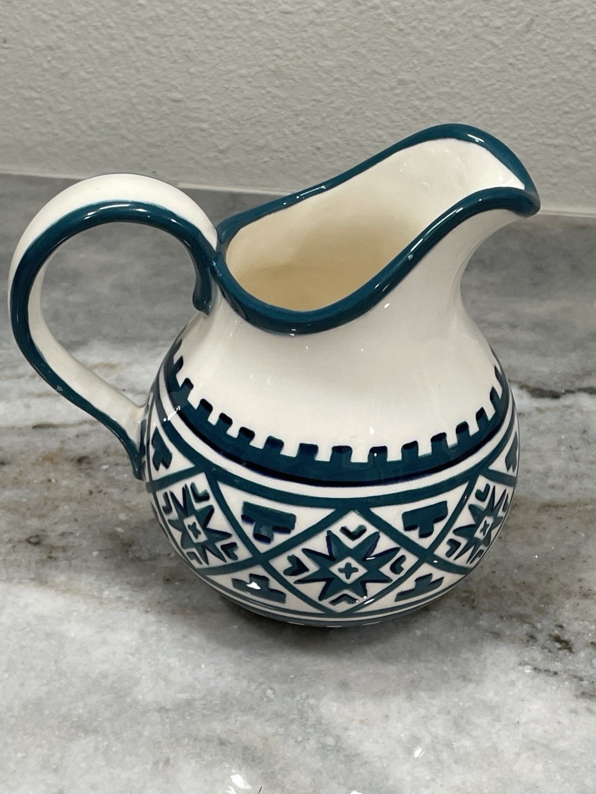 Vintage Hand Painted Ukrainian Folk Art Pottery Pitcher Vase Geometric M.W.