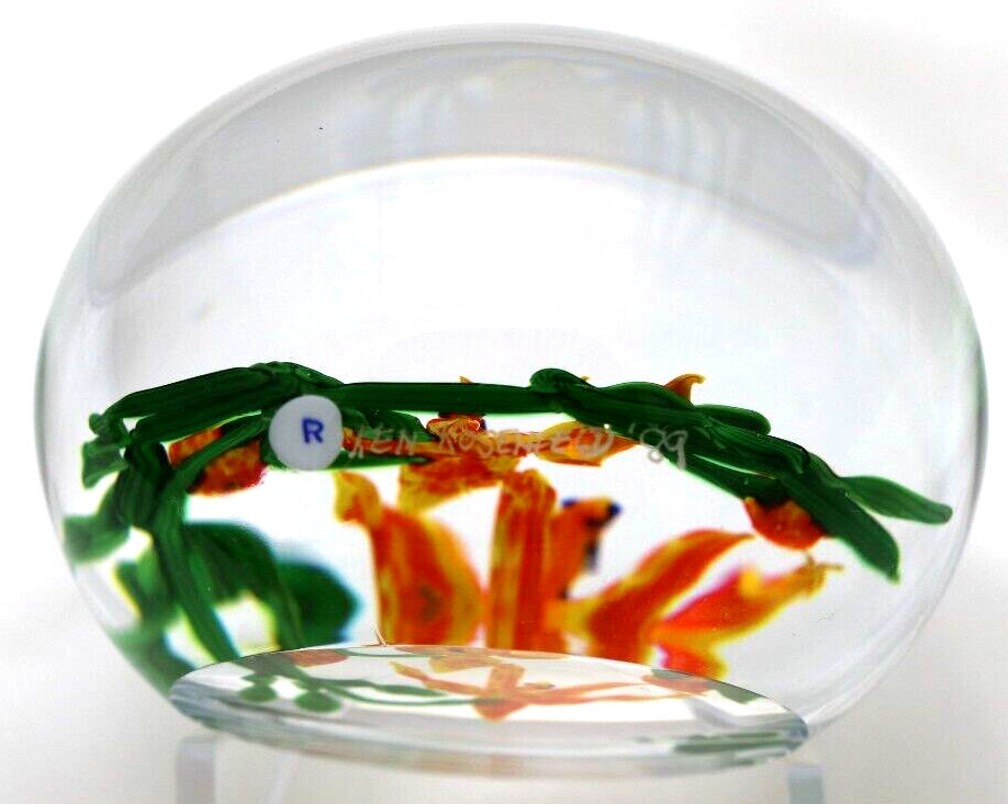 Lg VIBRANT Ken ROSENFELD Orange Cattleya ORCHID Tropical Art Glass PAPERWEIGHT