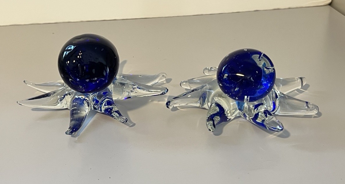 2 HAND BLOWN GLASS BLUE OCTOPUS FIGURINE SQUID ART PAPERWEIGHT COLLECTIBLE