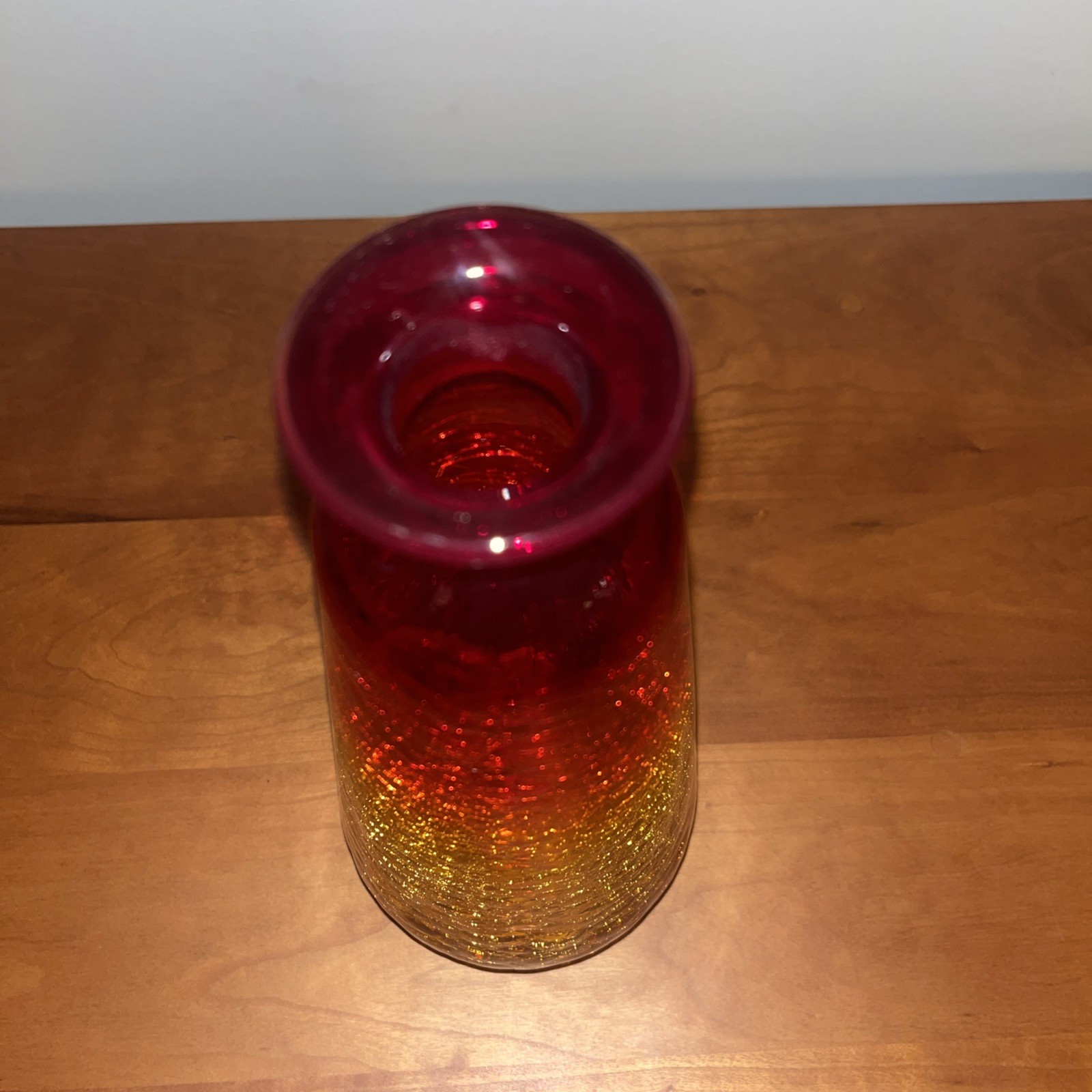 Mid-Century Amberina Or Tangerine Crackle Glass 9.5 Inch Vase. Gorgeous.