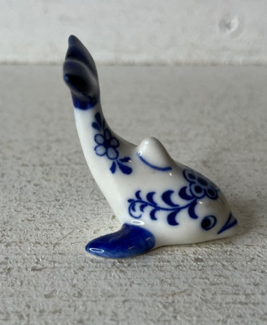 Vintage Miniature Delft Blue White Porcelain Ceramic Dolphin Whale 1.5″
