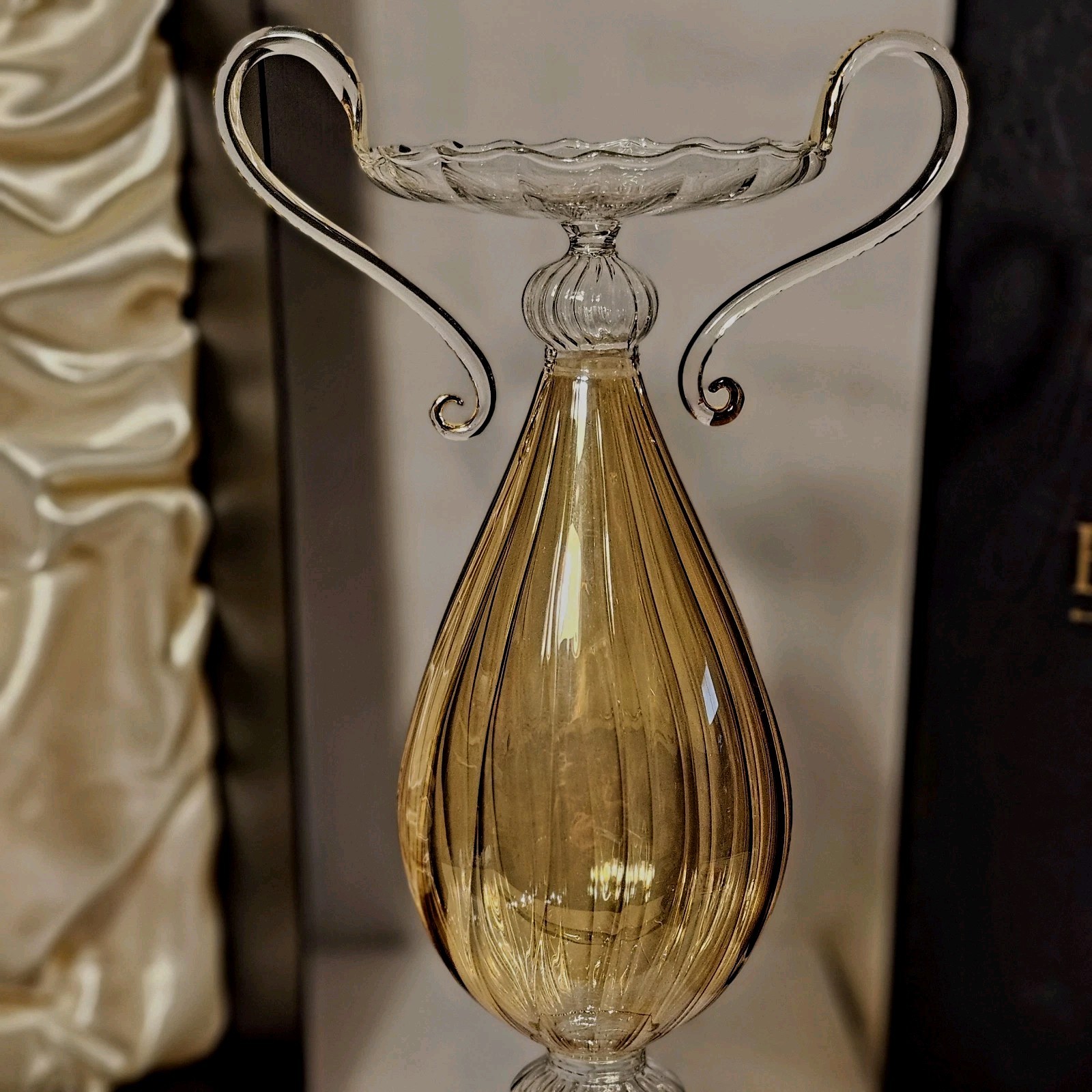 Bombay Venetian Art Glass Sculpture Decor, Amber, 14.5″ Tall w/Orig Box