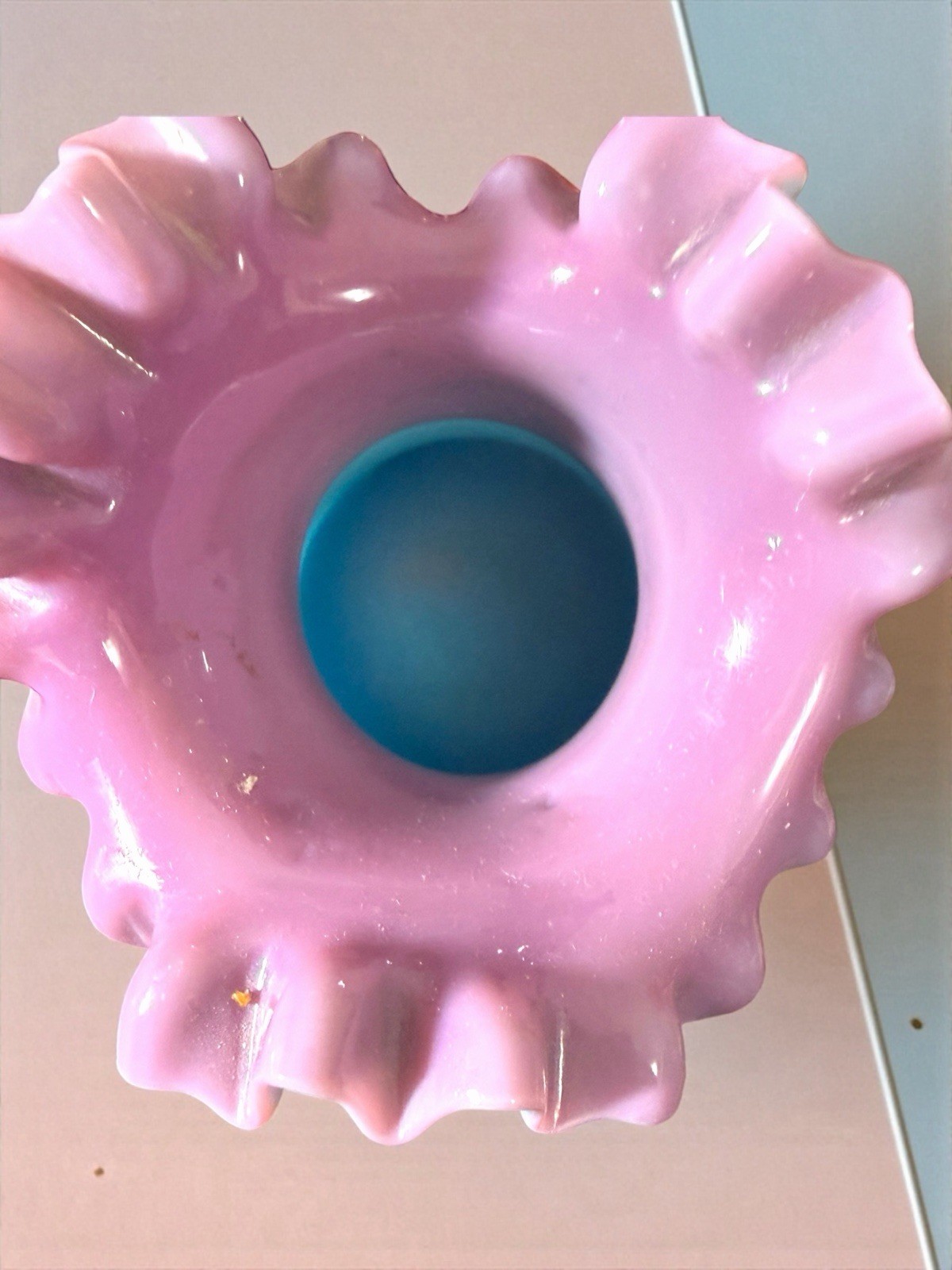 Antique Bohemian Lilac Turquoise Cased Ruffled Blown Glass Vase 5.25 x 3.75” EUC