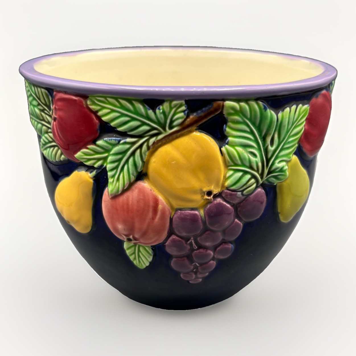 Eichwald Majolica Art Nouveau Jardiniere Planter Cobalt Blue Fruit Relief 7046/7