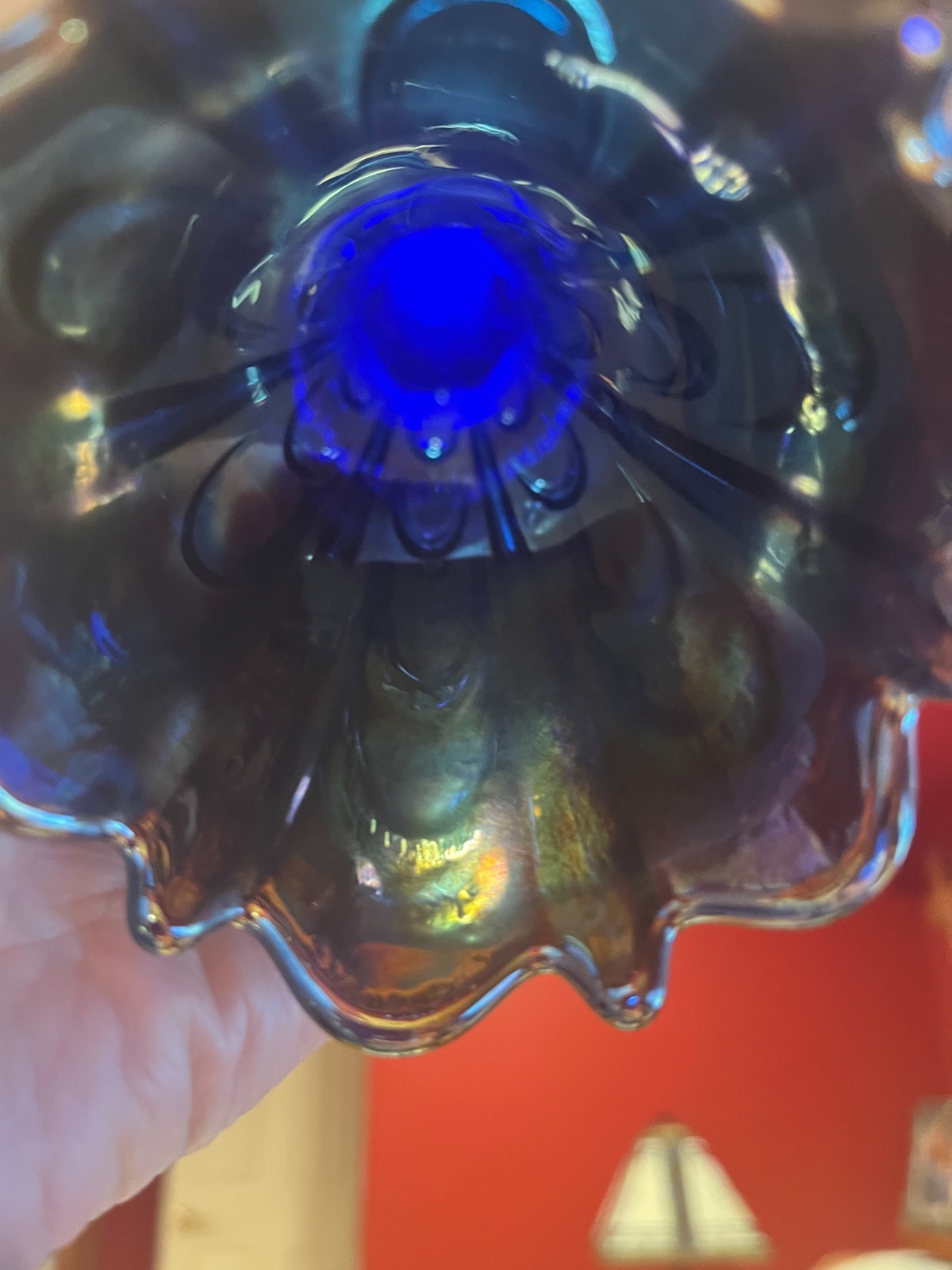 Dugan/Diamond Carnival Glass Blue Pulled Loop Vase; 11 3/4 inches tall; Pristine