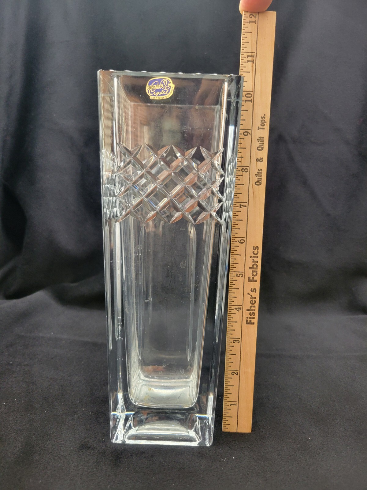 Bohemia Czech Republic Lead Crystal Diamond Pattern Vase, 10″ Tall, Foil Label
