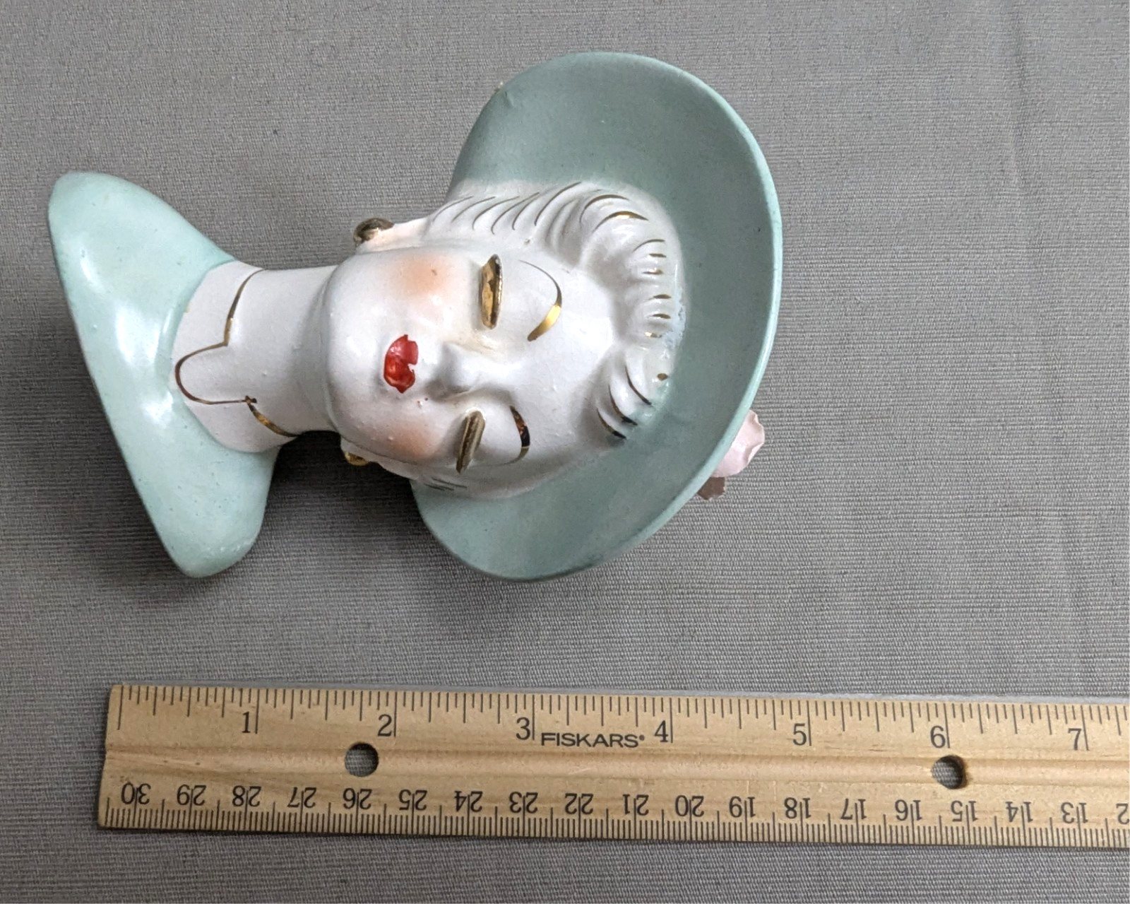 RARE Vtg Glamor Ladies Elegant HEAD VASE/PLANTER Light Cyan Dress & Hat – Gold