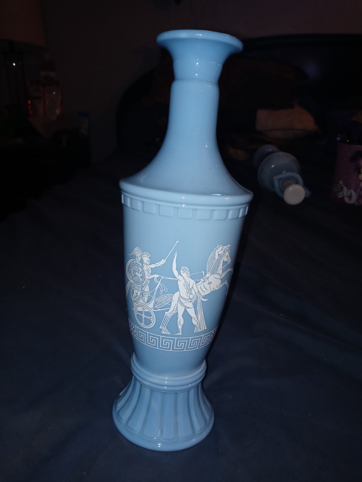 Blue & White Ceramic Vase Greek Chariot Scene Greek Key Border Glossy Finish
